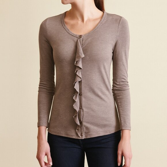 Vintage Ann Taylor Taupe Ruffle Button Front Long Sleeve Cardigan XS - Picture 1 of 17